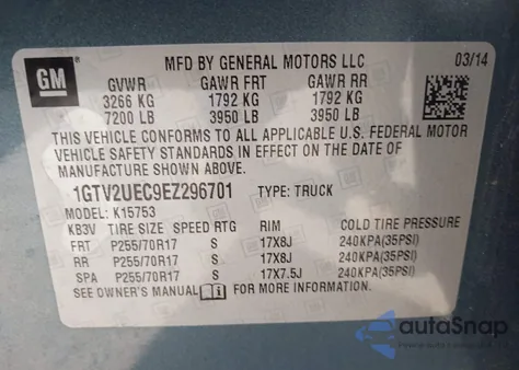 2014 GMC Sierra 1500 Sle из США, поврежденный, VIN 1GTV2UEC9EZ296701